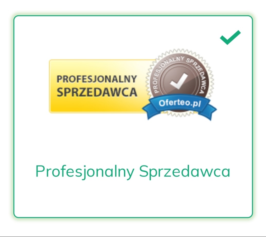 Grafika z napisem 'Profesjonalny Sprzedawca', zawierająca żółty prostokąt z tekstem oraz okrągłą pieczęć z logiem Oferteo.pl i zielonym symbolem zaznaczenia w prawym górnym rogu.