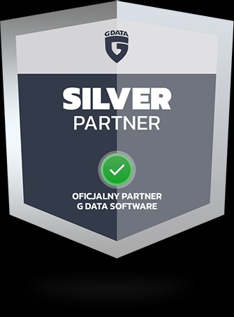 Srebrny certyfikat partnerski G Data Software z logo i zielonym symbolem zatwierdzenia, potwierdzający oficjalne partnerstwo.