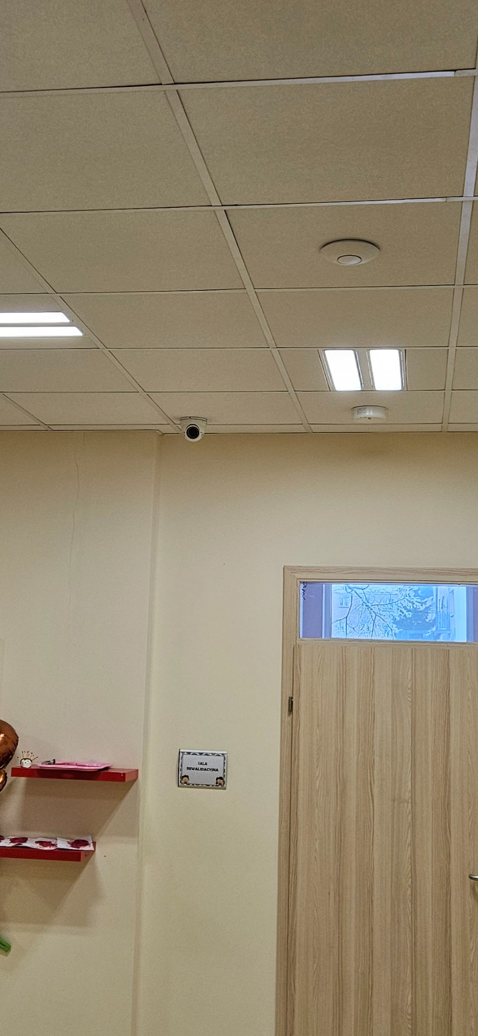 Kamera monitoringu kopułkowa zamontowana pod sufitem w pomieszczeniu biurowym. Widoczny fragment sufitu kasetonowego, oświetlenie LED i czujnik dymu.