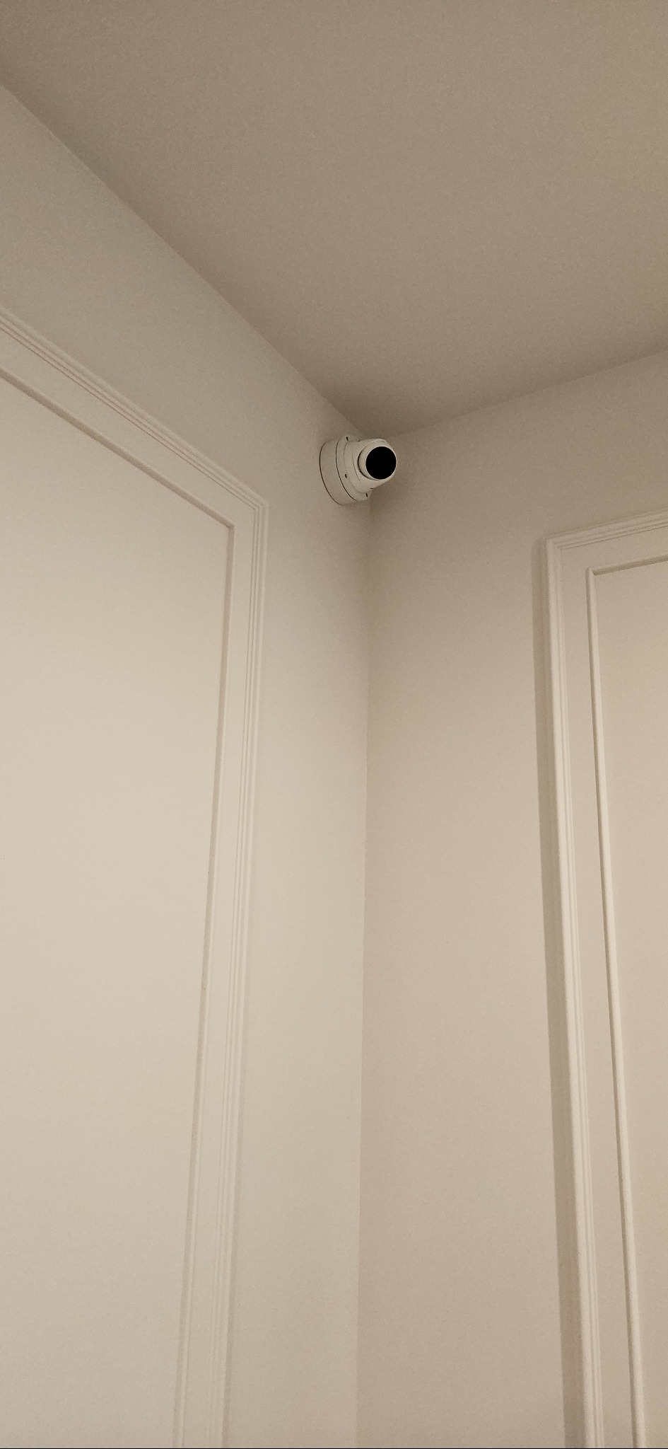 Kamera monitoringu kopułkowa, zamontowana w rogu pomieszczenia na białej ścianie, widoczna obok fragmentów białych, ozdobnych paneli ściennych.