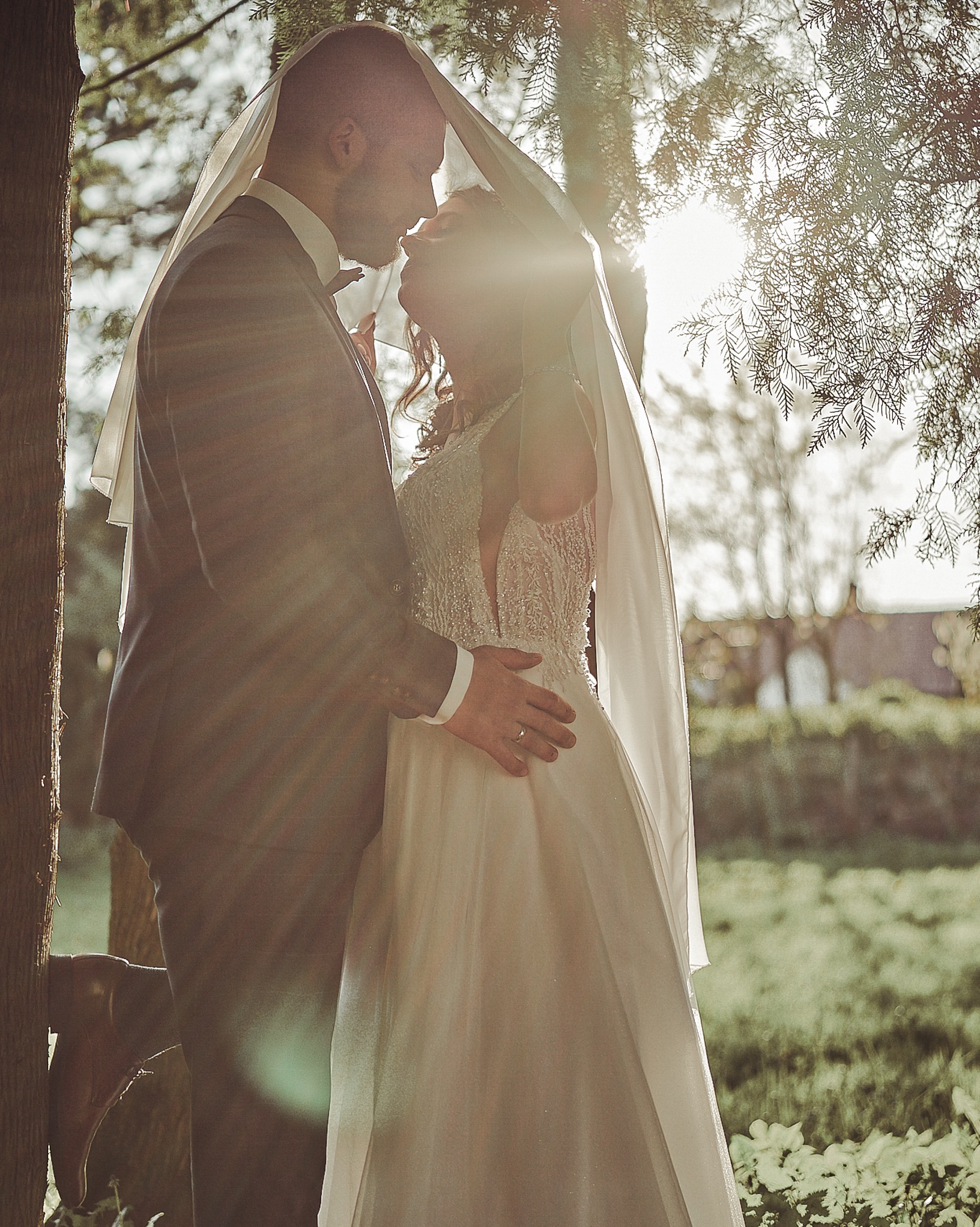 Para młoda w objęciach pod welonem w plenerze, promienie słońca przebijają przez drzewa. Romantyczna sesja ślubna w naturalnym otoczeniu.