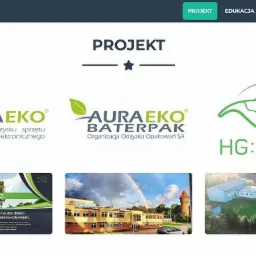 Strona internetowa prezentująca logotypy i zdjęcia projektów związanych z ekologią, w tym logotypy firm zajmujących się odzyskiem sprzętu elektrycznego i opakowań, oraz zdjęcia budynków...