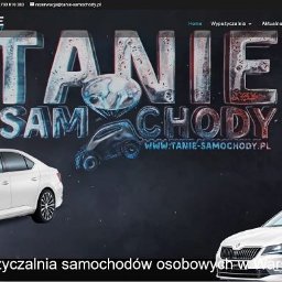 Henryk Grzybowski hg::code - Strona internetowa wypożyczalni samochodów z dwoma białymi Skodami Superb na tle ciemnego tła z napisem 'TANIE SAMOCHODY'