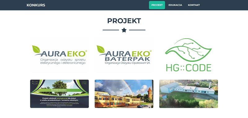 Strona internetowa prezentująca logotypy i zdjęcia projektów związanych z ekologią, w tym logotypy firm zajmujących się odzyskiem sprzętu elektrycznego i opakowań, oraz zdjęcia budynków...