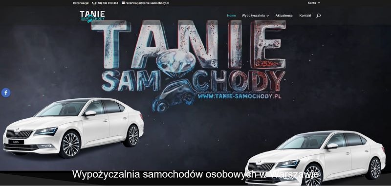 Strona internetowa wypożyczalni samochodów z dwoma białymi Skodami Superb na tle ciemnego tła z napisem 'TANIE SAMOCHODY'