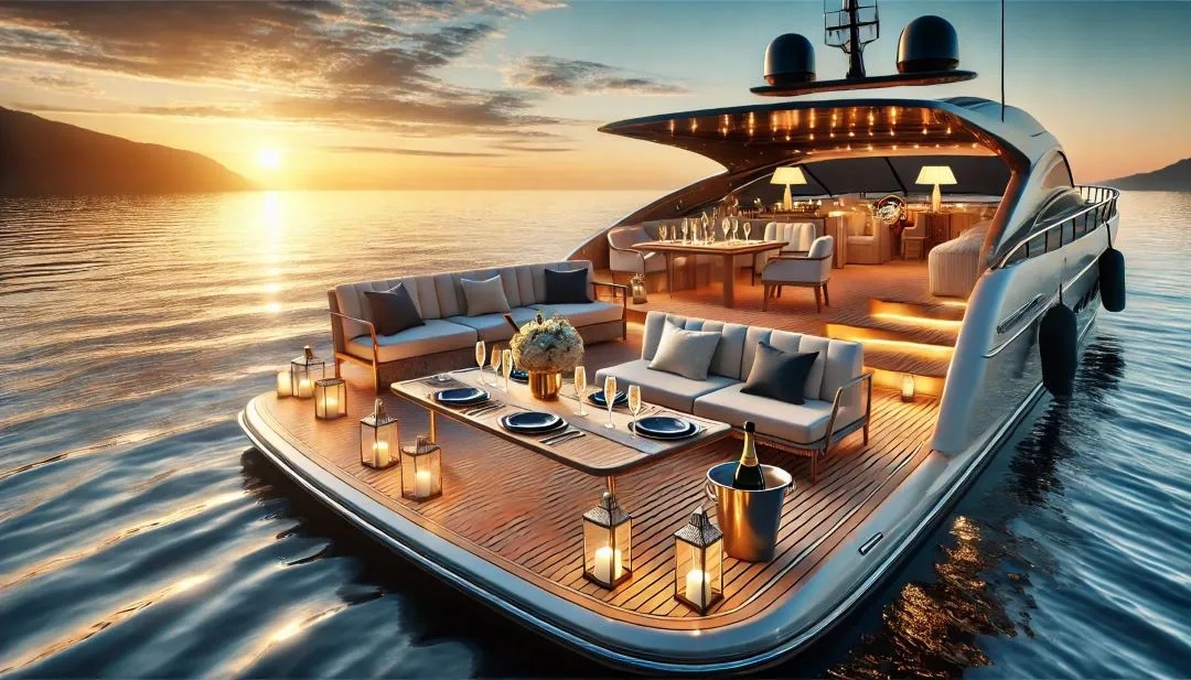 Luksusowy jacht na wodzie o zachodzie słońca, z zewnętrznym salonem z sofami, stołem nakrytym do kolacji i lampionami, tworzący elegancką atmosferę.