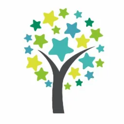 Abstrakcyjne drzewo z koroną z kolorowych gwiazd: turkusowych, zielonych i żółtych.