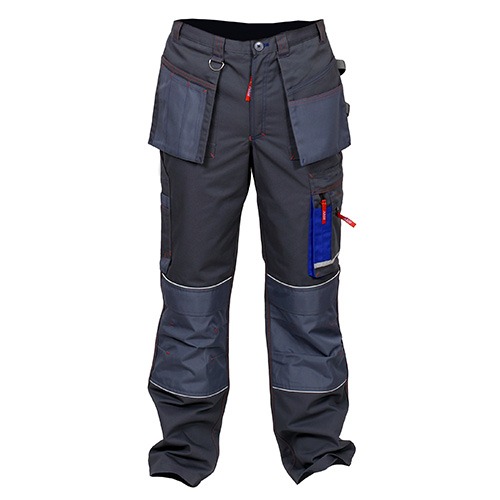 Szare spodnie robocze z wieloma kieszeniami, wzmocnieniami na kolanach i czerwonymi przeszyciami, widoczne na białym tle.