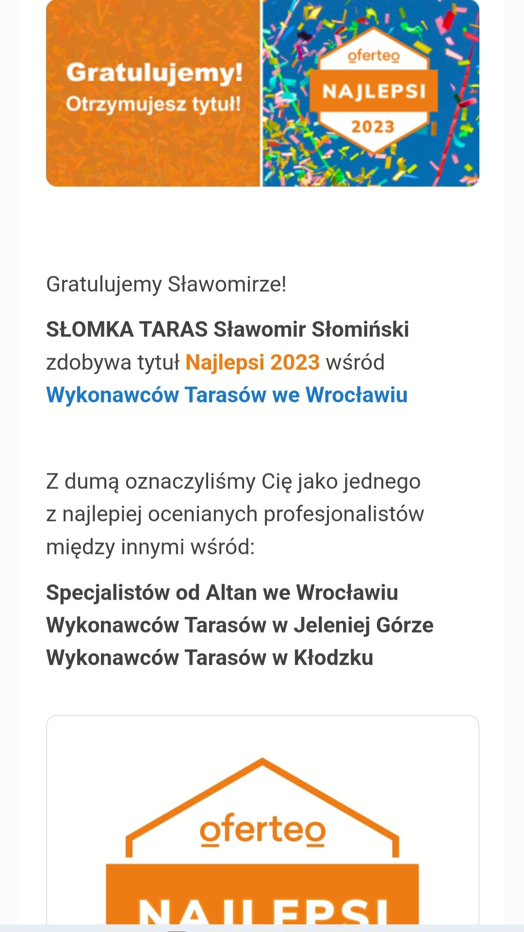 Gratulacje dla Sławomira Słomińskiego od Oferteo za tytuł Najlepsi 2023 wśród Wykonawców Tarasów we Wrocławiu, logo Oferteo Najlepsi 2023 w pomarańczowej grafice.
