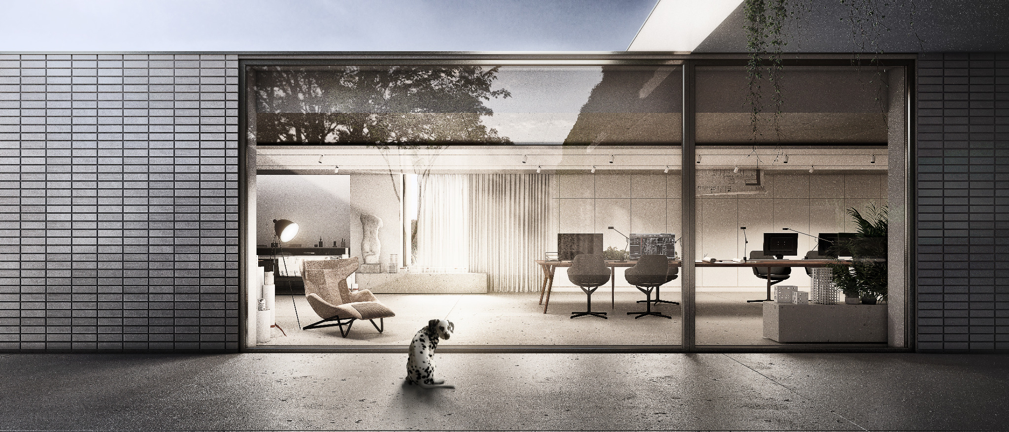 Nowoczesne biuro z dużym oknem, widok na wnętrze z biurkami i krzesłami, z boku ściana z cegieł, na pierwszym planie siedzący dalmatyńczyk.