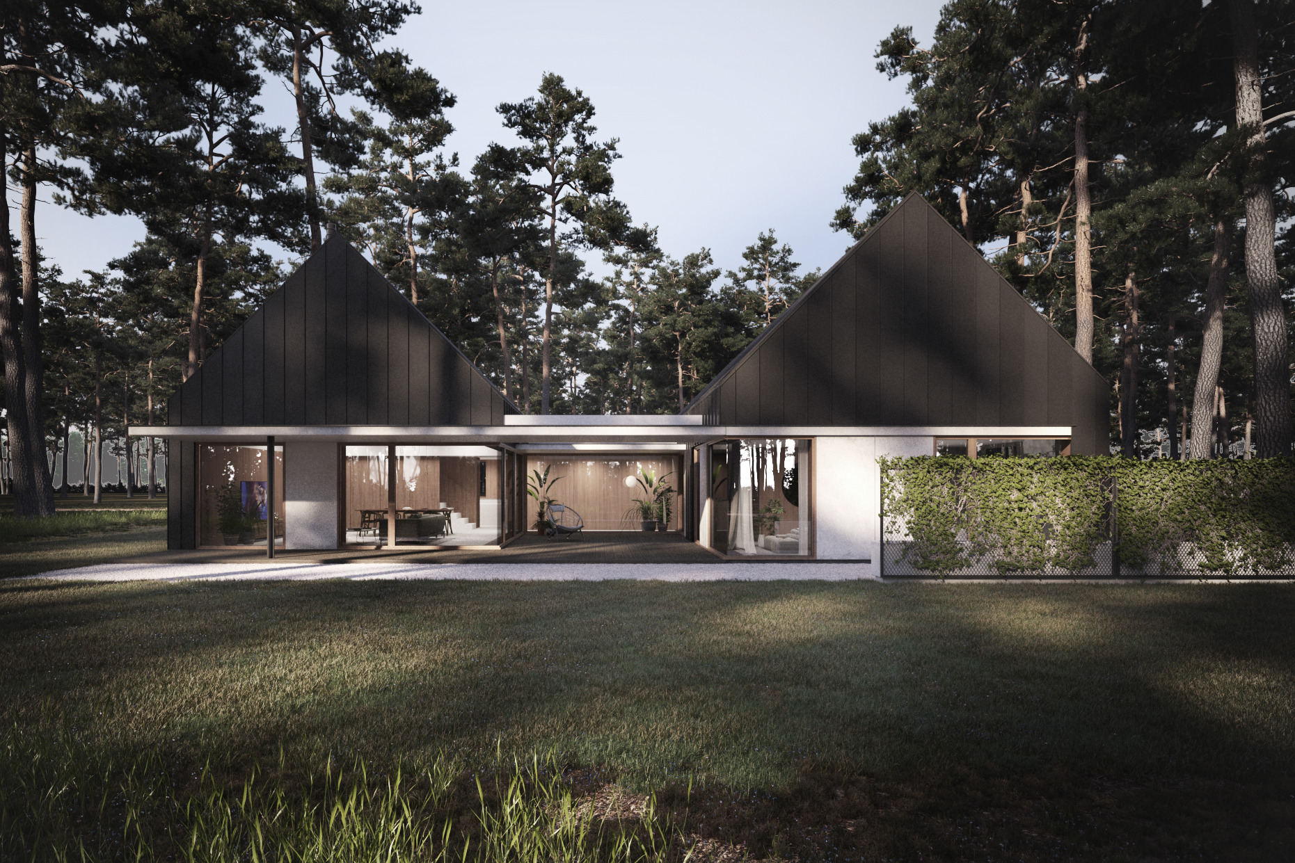 Nowoczesny dom z dwuspadowym dachem w otoczeniu lasu; duże przeszklenia odsłaniają wnętrze z minimalistycznym wystrojem i drewnianymi elementami.