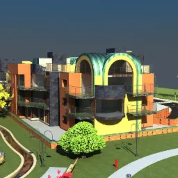 Wizualizacja 3D nowoczesnego budynku wielorodzinnego z zielonym dachem łukowym, balkonami z przezroczystymi balustradami i zagospodarowanym terenem wokół z alejkami, ławkami i drzewami w różnych...