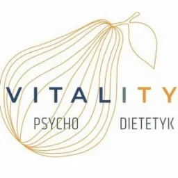 Stylizowane logo firmy Vitality Psycho Dietetyk z grafiką gruszki w tle, nazwa firmy w kolorach granatowym i złotym.