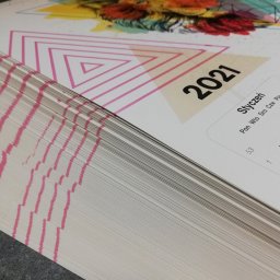 Powielarnia MADAS - Stos arkuszy kalendarza na rok 2021, z grafiką lwa w stylu geometrycznym i oznaczeniem miesiąca Styczeń, widoczne różowe akcenty na krawędziach kartek.