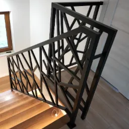 Nowoczesna, czarna balustrada schodowa z geometrycznym wzorem, zamontowana na drewnianych schodach w jasnym wnętrzu, widok z dołu.