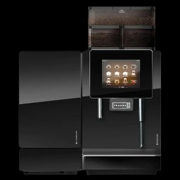 CAFE VERDE EWA BURAKIEWICZ - Profesjonalny, czarny ekspres do kawy Franke A600 z dwoma pojemnikami na ziarna, ekranem dotykowym prezentującym wybór napojów i napisem 'SWISS MADE' w prawym dolnym rogu.
