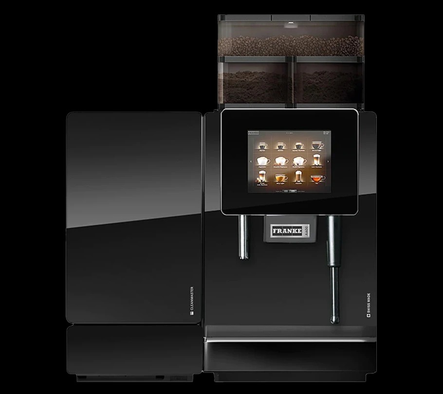 Profesjonalny, czarny ekspres do kawy Franke A600 z dwoma pojemnikami na ziarna, ekranem dotykowym prezentującym wybór napojów i napisem 'SWISS MADE' w prawym dolnym rogu.