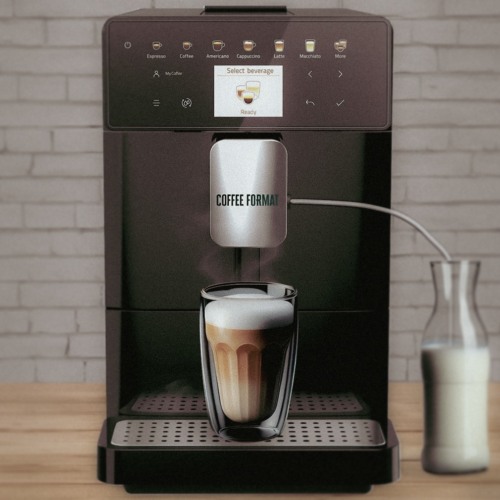 Automatyczny ekspres do kawy przygotowuje latte macchiato w szklance termicznej, z widocznym pojemnikiem na mleko i ceglanym tłem.