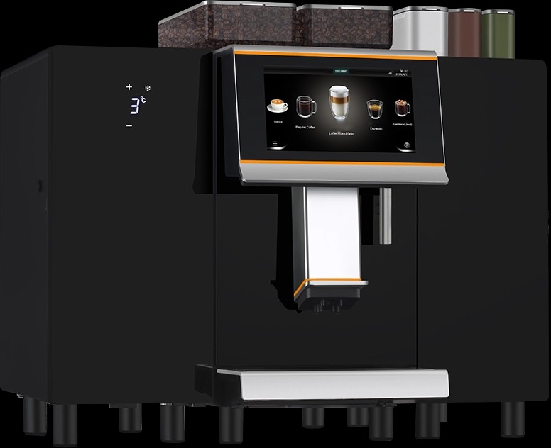 Profesjonalny, czarny ekspres do kawy z dotykowym ekranem, wyświetlającym menu napojów, z pojemnikami na kawę ziarnistą i inne dodatki umieszczonymi na górze.