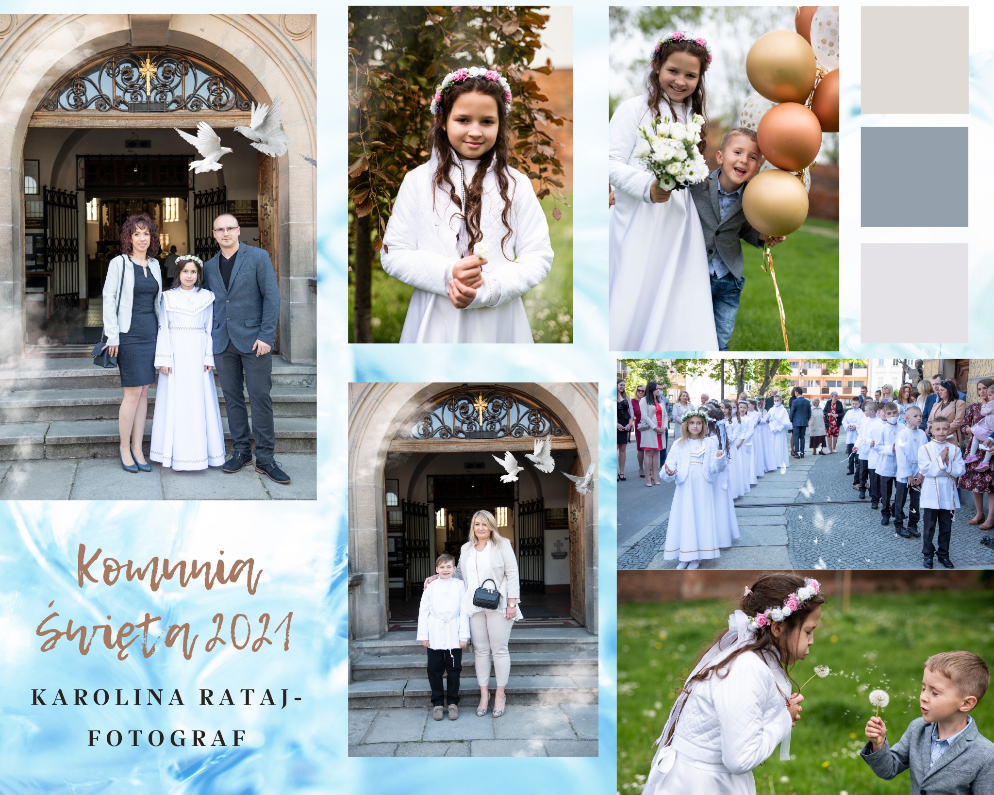 Kolaż zdjęć z uroczystości Pierwszej Komunii Świętej: dziewczynka w białej albie z rodzicami przed kościołem, portret dziewczynki z wiankiem, dzieci z balonami, procesja oraz dzieci dmuchające...