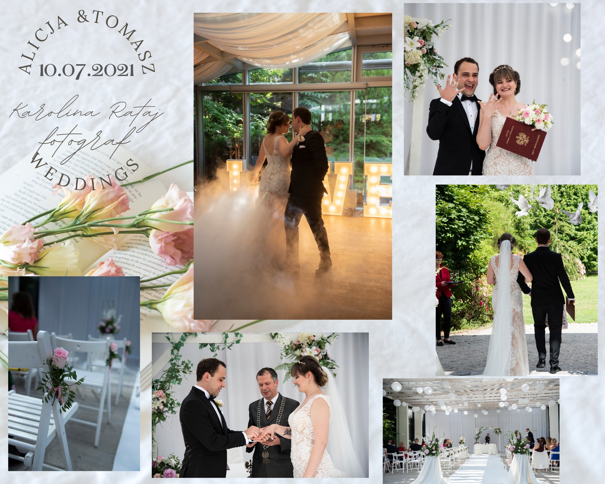 Kolaż zdjęć ślubnych: para tańcząca w dymie przed podświetlonym napisem LOVE, wymiana obrączek, panna młoda z bukietem i świadectwem ślubu, dekoracje kwiatowe na krzesłach, pochód weselny.