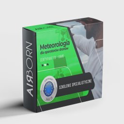 Business Partners Club - Pudełko z grafiką informującą o szkoleniu specjalistycznym z zakresu meteorologii dla operatorów dronów, z certyfikatem EU-UAVO oraz logo firmy Airborn.