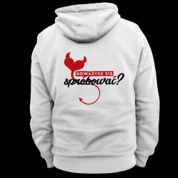 Business Partners Club - Tył białej bluzy z kapturem z nadrukiem czerwonego diabła i napisem 'Odważysz się spróbować?'