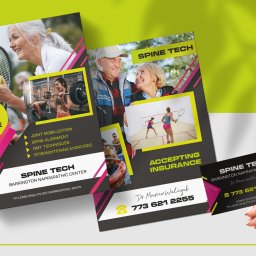 Business Partners Club - Projekt ulotki i wizytówki centrum naprapathii Spine Tech, prezentujący osoby uprawiające sport, z tekstem o mobilizacji stawów i akceptacji ubezpieczeń, trzymane w dłoni na jasnym tle.