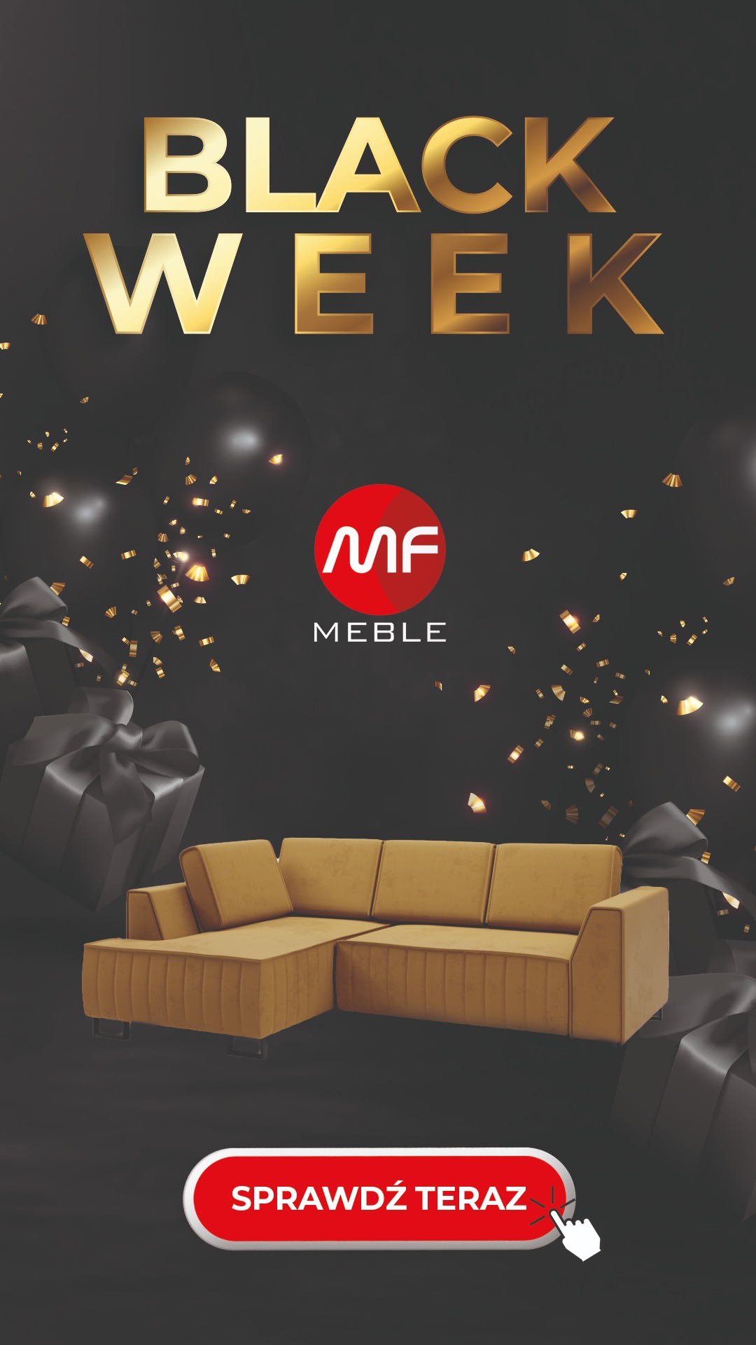 Grafika reklamowa Black Week w Bielsko-Białej z narożnikiem w odcieniach musztardowych, logo MF Meble, prezentami i złotymi konfetti na ciemnym tle.