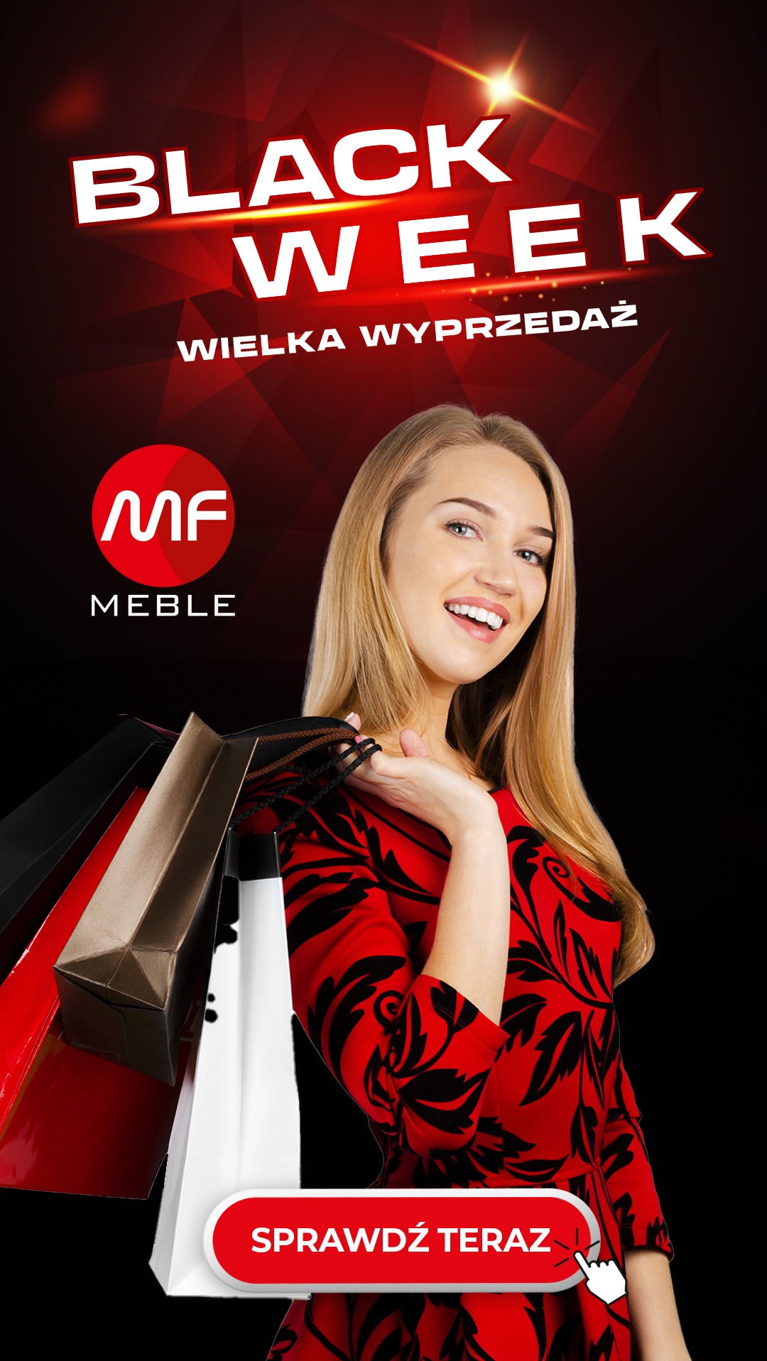 Promocja Black Week na meble: uśmiechnięta blondynka w czerwonej sukience trzyma torby na zakupy z logo firmy meblowej na tle czerwono-czarnej grafiki z napisem 'Black Week Wielka Wyprzedaż'.