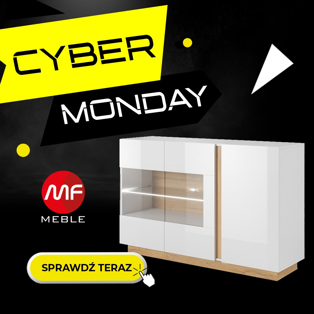 Grafika reklamowa Cyber Monday prezentująca białą, nowoczesną komodę z przeszkloną witryną, podświetloną od wewnątrz, na czarnym tle z żółtymi akcentami i napisem 'Cyber Monday'.