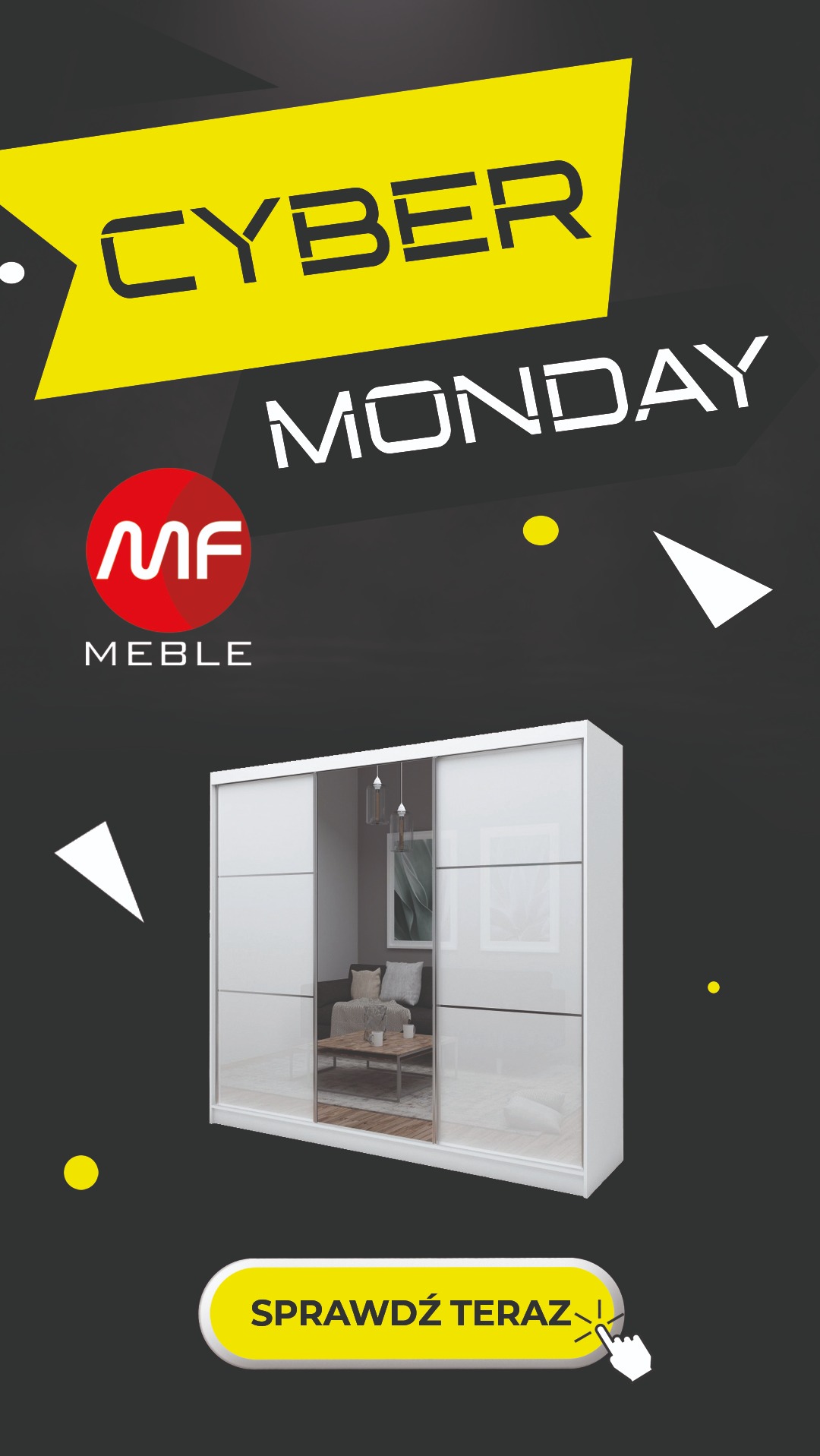 Grafika reklamowa z hasłem Cyber Monday, prezentująca białą szafę przesuwną z lustrzanymi drzwiami i logo firmy MF Meble.