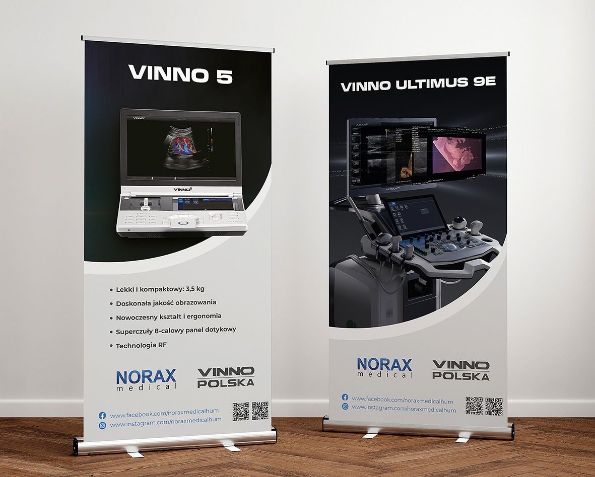 Dwa roll-upy reklamowe prezentujące aparaty USG Vinno, z widocznymi ekranami z obrazami ultrasonograficznymi oraz specyfikacją techniczną i danymi kontaktowymi firm Norax Medical i Vinno Polska.