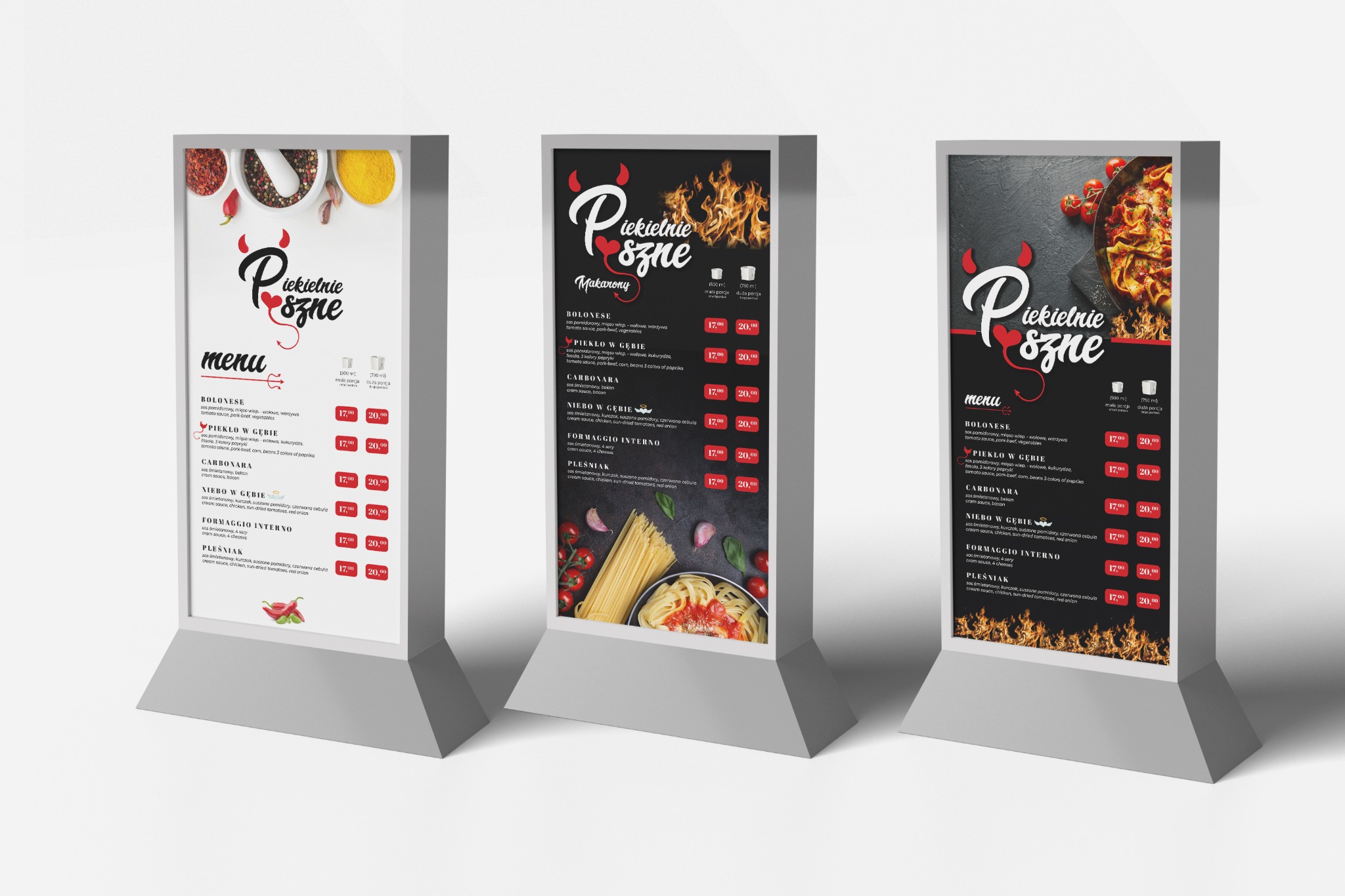 Trzy podświetlane menu restauracyjne z ofertą dań makaronowych, każde z inną grafiką i układem, prezentowane w jasnym otoczeniu studyjnym.