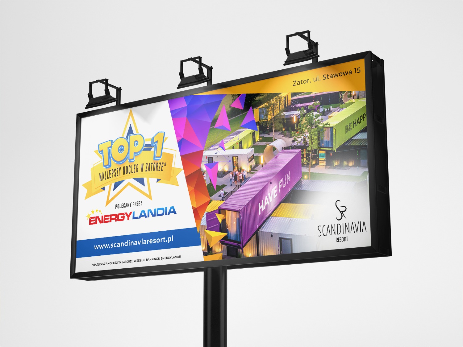 Billboard reklamujący Scandinavia Resort w Zatorze, polecany przez Energylandię, z informacją o zdobyciu nagrody TOP-1 dla najlepszego noclegu.