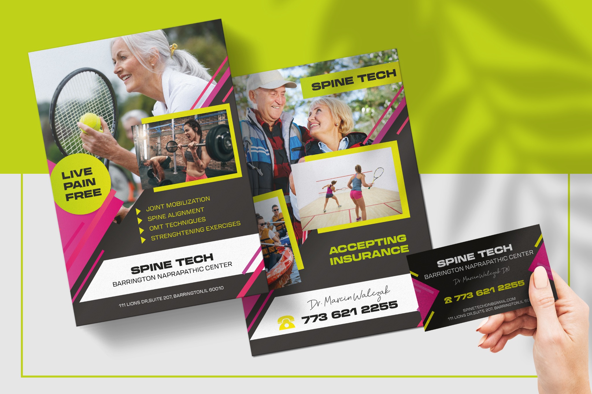 Projekt ulotki i wizytówki centrum naprapathii Spine Tech, prezentujący osoby uprawiające sport, z tekstem o mobilizacji stawów i akceptacji ubezpieczeń, trzymane w dłoni na jasnym tle.