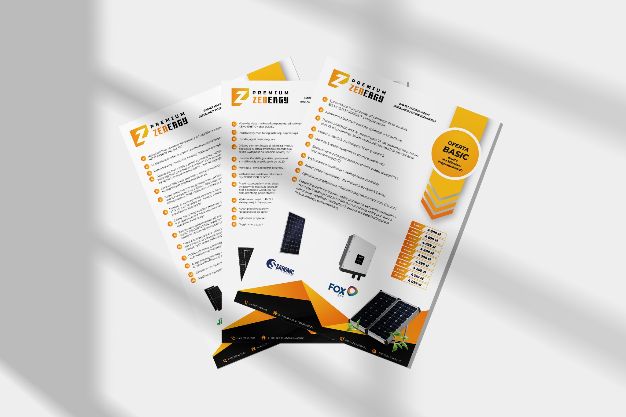 Ulotki reklamowe firmy z branży fotowoltaicznej, prezentujące pakiety instalacyjne, komponenty (panele, inwertery) i zakres usług, z logo firmy Zenergy i danymi kontaktowymi.