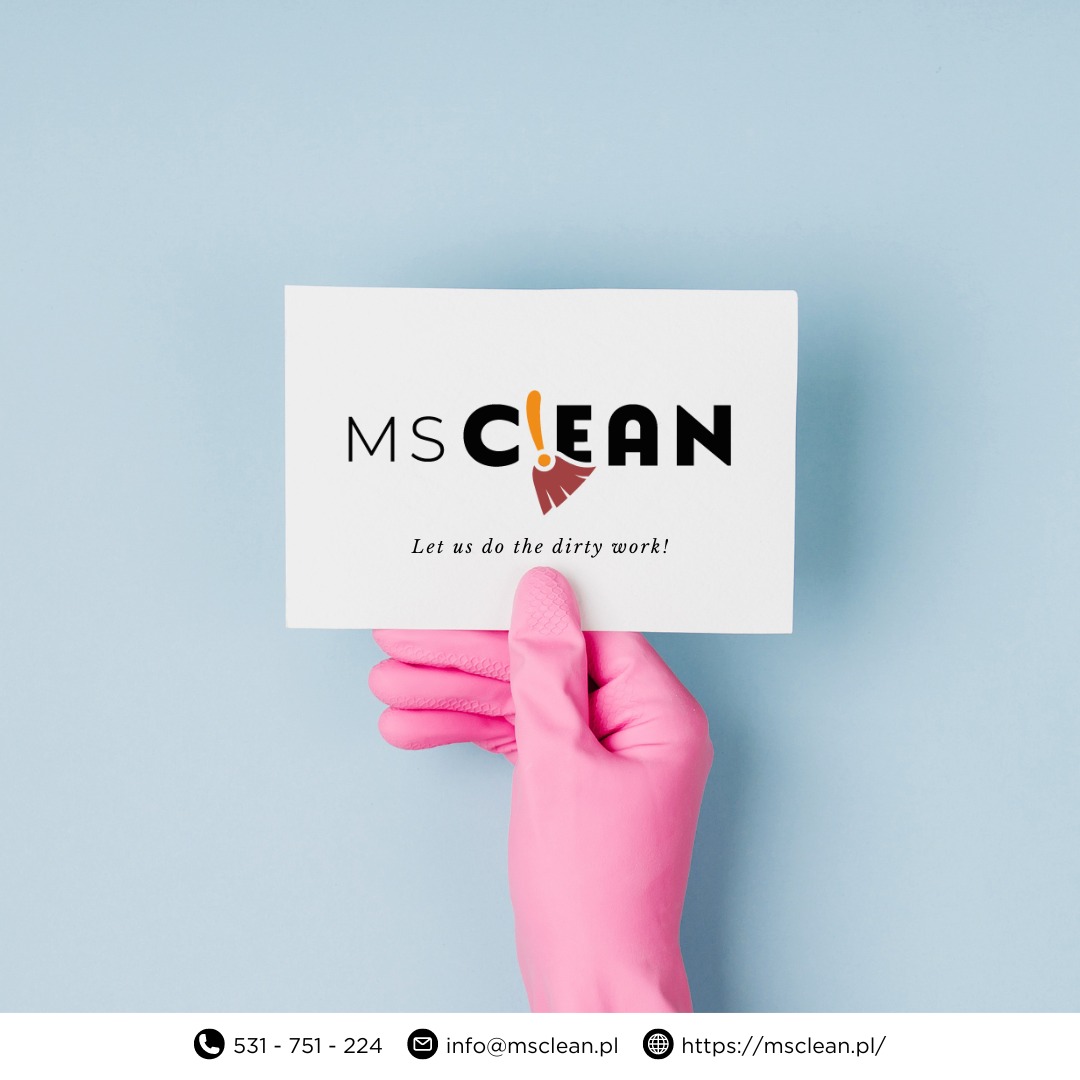 Ręka w różowej rękawicy trzymająca kartkę z logo firmy sprzątającej MS Clean z grafiką miotły i hasłem 'Let us do the dirty work!'