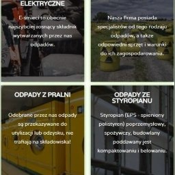 Wastech recycling Sp. z o.o. - Kompozycja czterech kadrów: odpady elektryczne (e-śmieci), odpady chemiczne (żółte pojemniki z symbolem skażenia), odpady z pralni (żółta pralka przemysłowa), odpady ze styropianu.