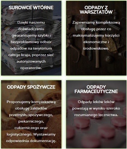 Kolaż czterech obrazów: stos makulatury, narzędzia warsztatowe, pieczywo i tabletki, ilustrujące odbiór surowców wtórnych, odpadów warsztatowych, spożywczych i farmaceutycznych.