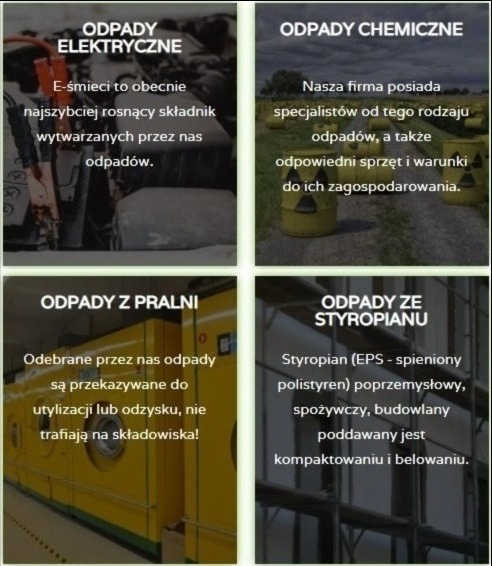 Kompozycja czterech kadrów: odpady elektryczne (e-śmieci), odpady chemiczne (żółte pojemniki z symbolem skażenia), odpady z pralni (żółta pralka przemysłowa), odpady ze styropianu.