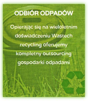 Grafika reklamowa z tekstem 'Odbiór odpadów' i logotypem recyklingu na tle zielonego kontenera na śmieci i trawy.