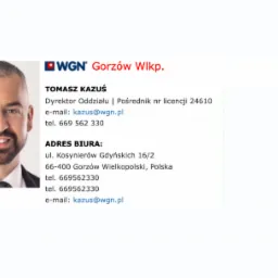 Wizytówka Tomasza Kazusia, Dyrektora Oddziału WGN Gorzów Wielkopolski, z adresem biura i numerami kontaktowymi.