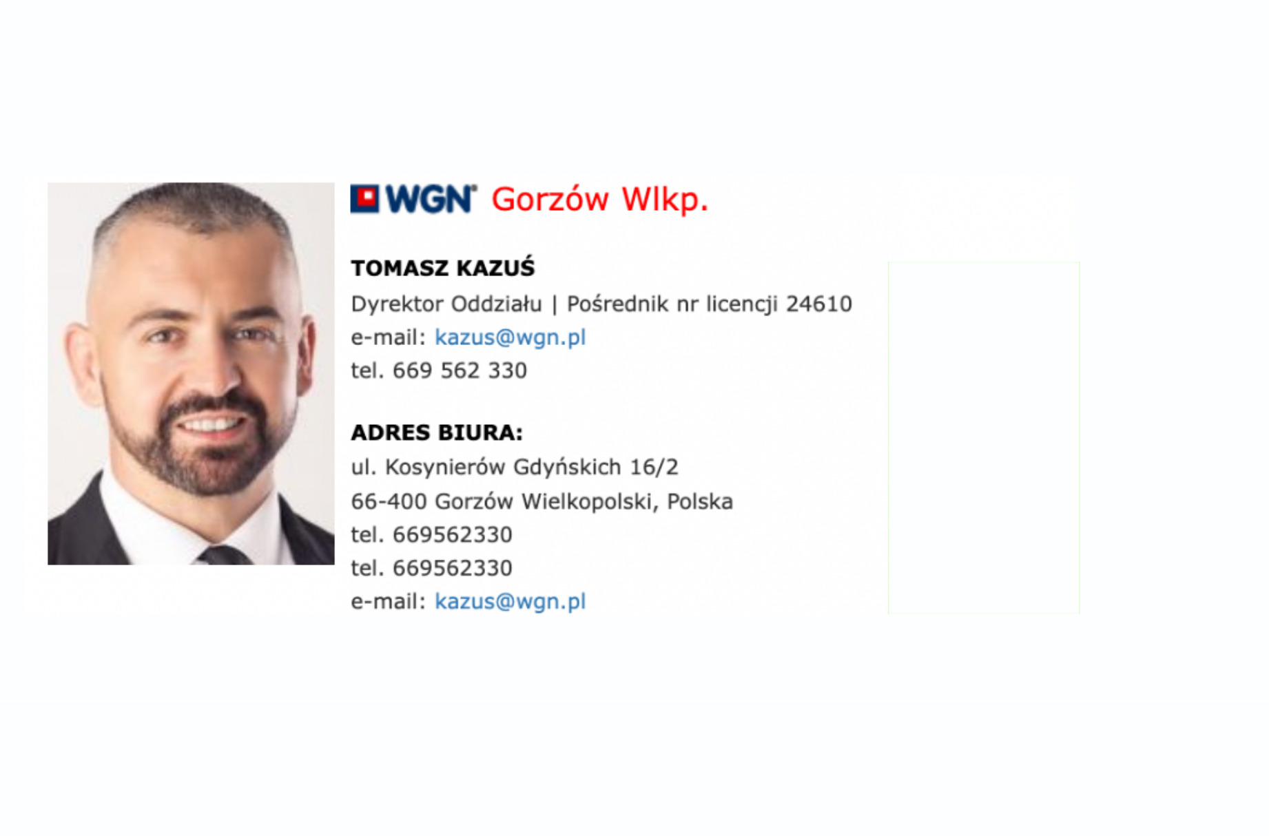 Wizytówka Tomasza Kazusia, Dyrektora Oddziału WGN Gorzów Wielkopolski, z adresem biura i numerami kontaktowymi.