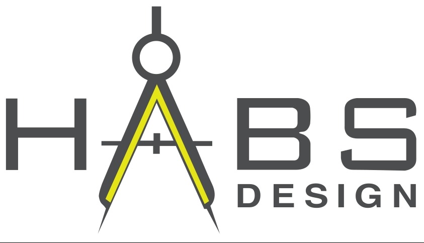 Logo firmy HABS Design, przedstawiające cyrkiel w kolorze szaro-żółtym, wpisany pomiędzy litery H i BS.