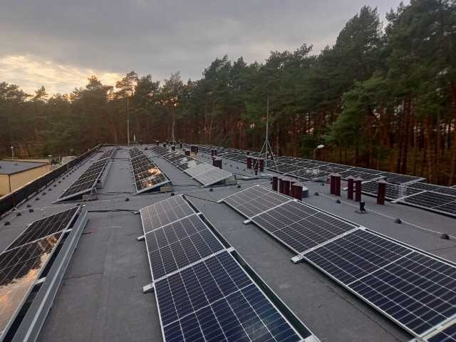 Widok z góry na rozległą instalację paneli słonecznych na płaskim dachu budynku w Elblągu, z lasem w tle i zachodzącym słońcem odbijającym się w panelach.