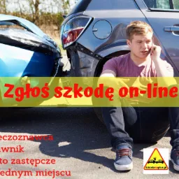 Młody mężczyzna siedzi obok uszkodzonych samochodów po kolizji, rozmawiając przez telefon. Widoczne zniszczenia karoserii pojazdów.