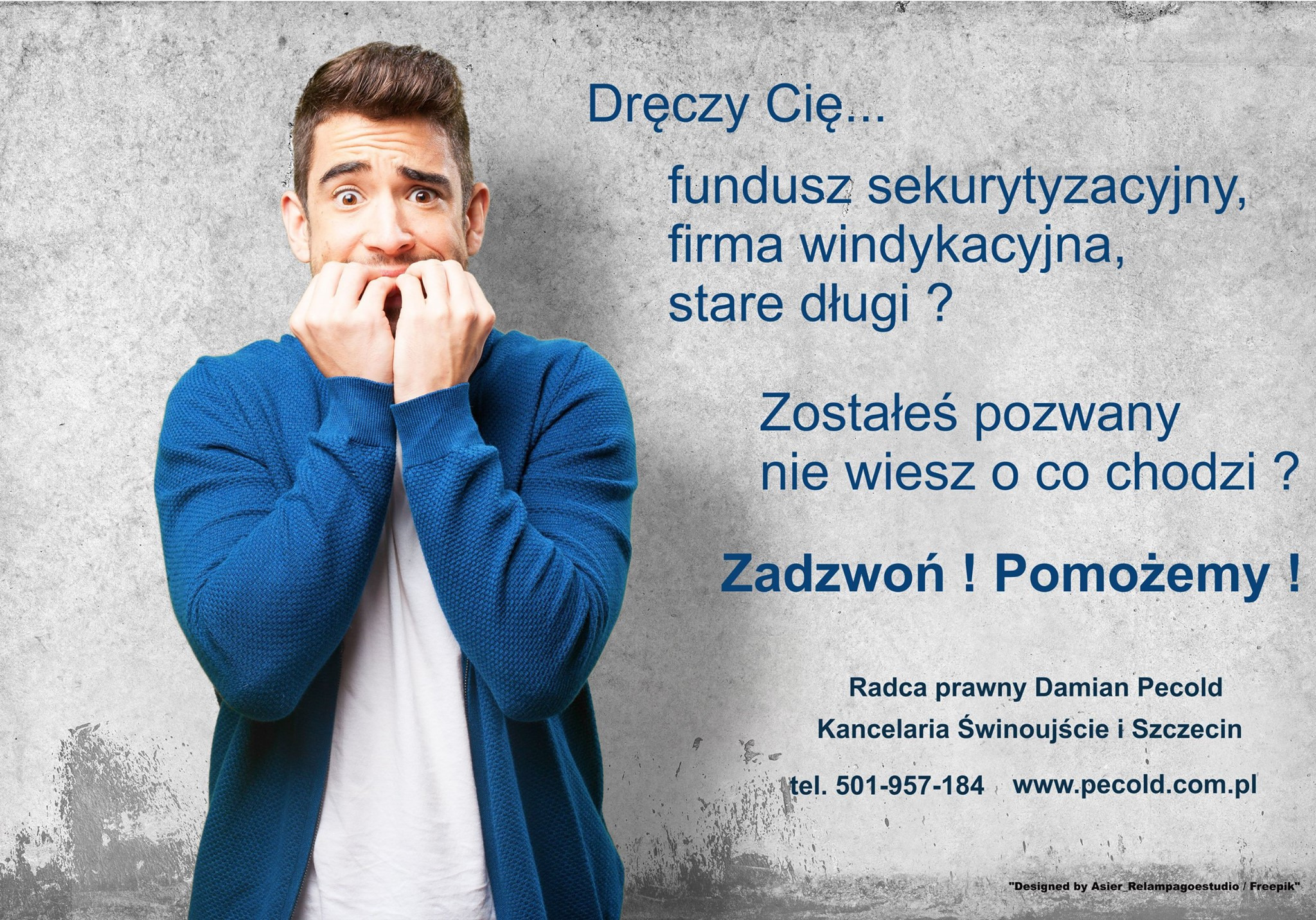 Przerażony mężczyzna gryzie paznokcie na tle tekstu o windykacji i wezwaniu do zapłaty, z danymi kontaktowymi kancelarii prawnej.