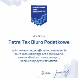 Certyfikat dla firmy Tatra Tax Biuro Podatkowe za innowacyjne podejście do prowadzenia biura rachunkowego, z logo 'Nowoczesne Biuro Rachunkowe' i datą 13.12.2021.
