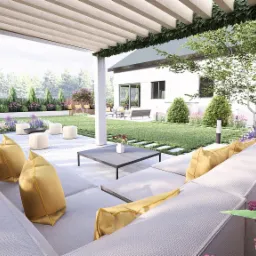 Wizualizacja tarasu z pergolą, szarą sofą z żółtymi poduszkami, stolikiem kawowym i wypielęgnowanym ogrodem w tle. Widoczna roślinność pnąca się po pergoli i kwitnące kwiaty w rabatach.